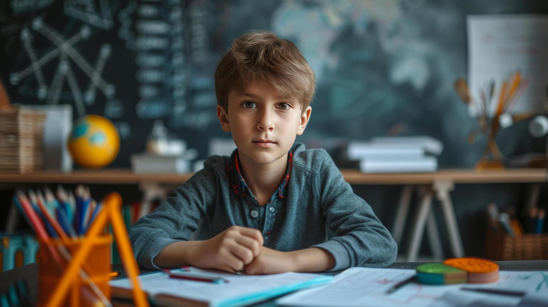 AI generated A young student attentively solving complex math problems at his neatly organized desk photo