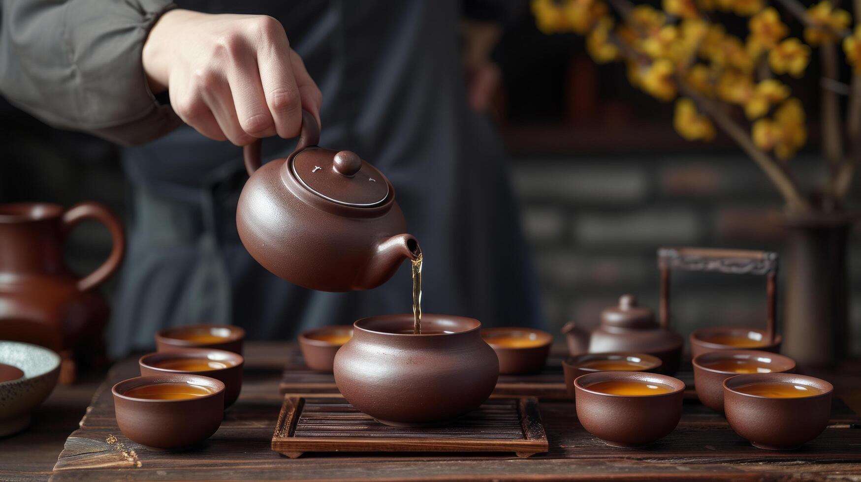 ai generado un té Maestro torrencial té desde un alto cerámico tetera dentro pequeño tazas durante un chino té ceremonia foto