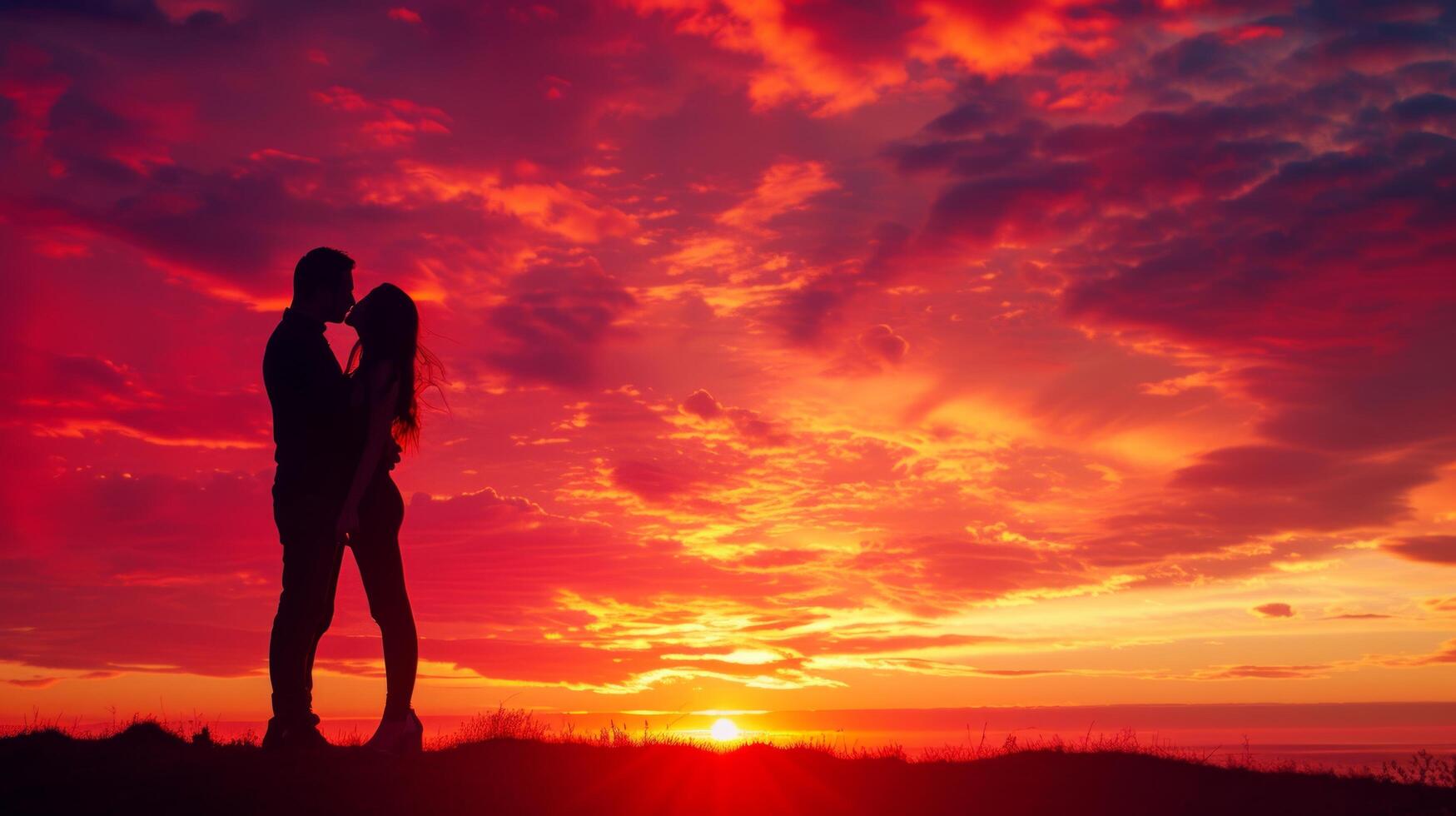 AI generated A couple's passionate kiss under a vibrant sunset, love igniting in the twilight photo