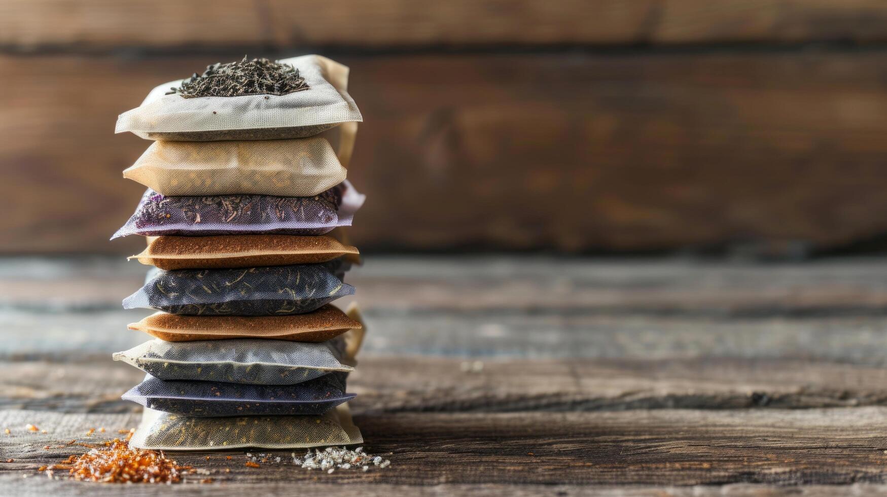 AI generated A stack of tea bags in various flavors, ready to be steeped in hot water photo