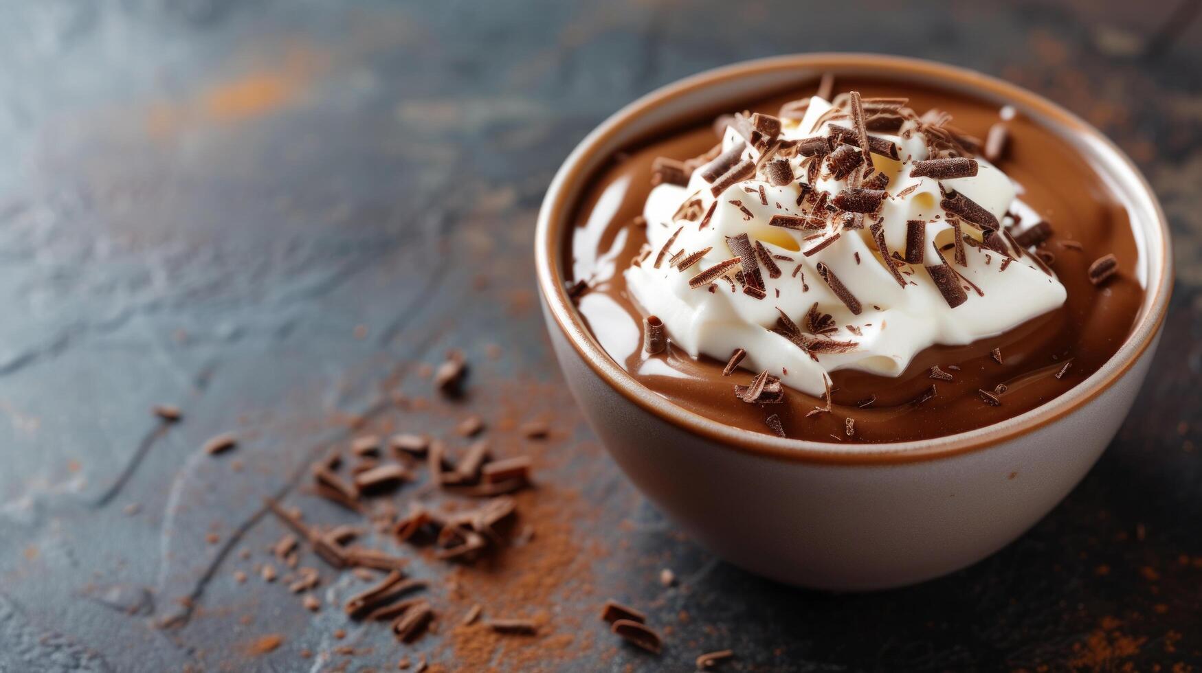 AI generated A velvety chocolate pudding topped with whipped cream and chocolate shavings, a decadent delight photo