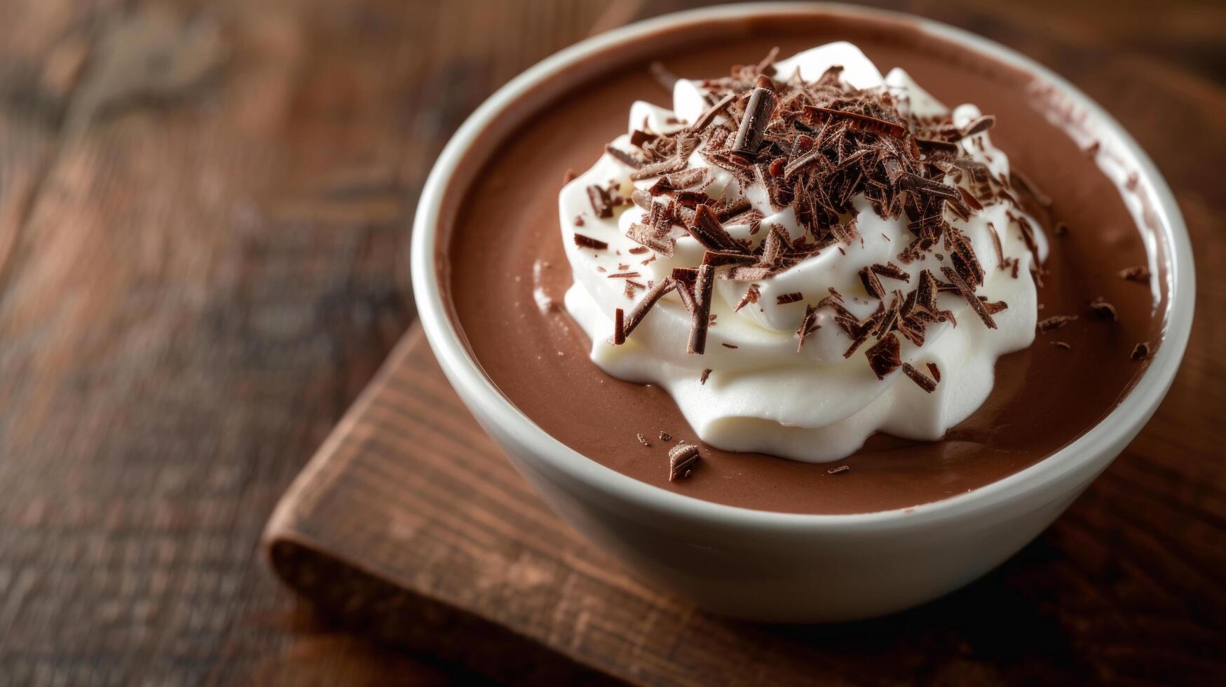 AI generated A velvety chocolate pudding topped with whipped cream and chocolate shavings, a decadent delight photo