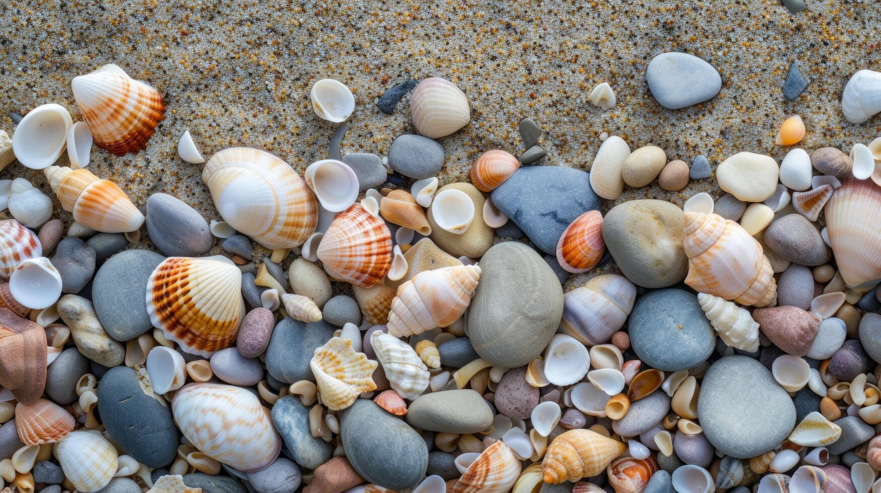 AI generated Seashells and pebbles adorn the shore, adding natural beauty to the beachscape photo