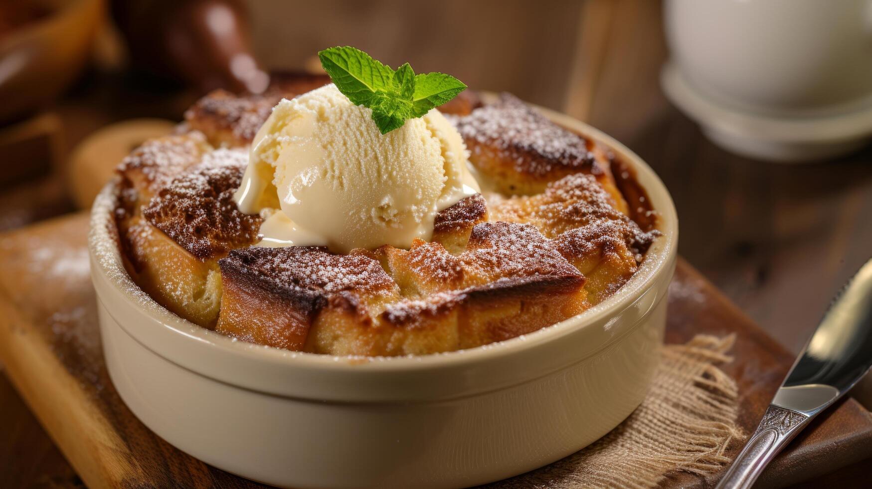 ai generado un calentar un pan pudín con un dorado corteza, servido con un cucharón de vainilla hielo crema foto