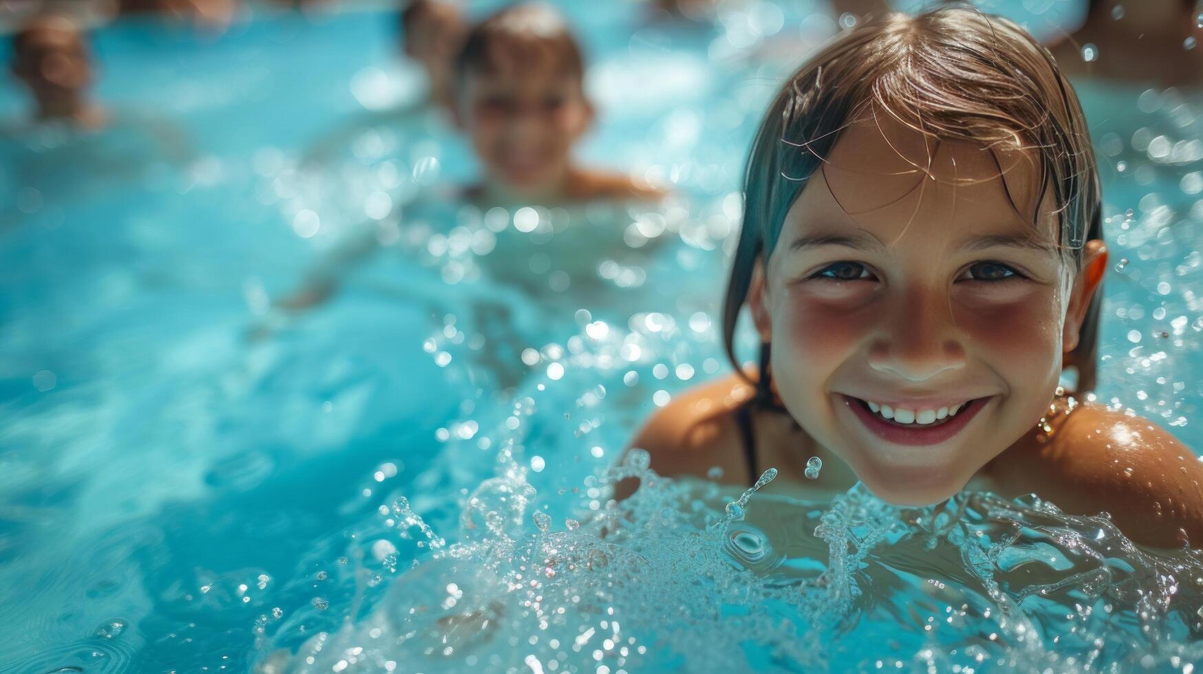 ai generado niños jugando alegremente en un espumoso, azur nadando piscina en un abrasador verano día foto