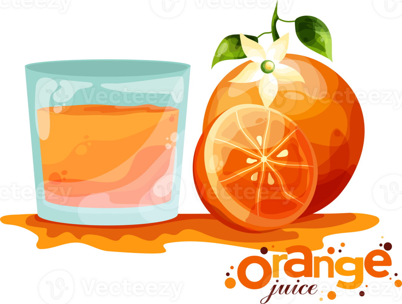 the isolated glass with orange juice and two oranges in flat style png