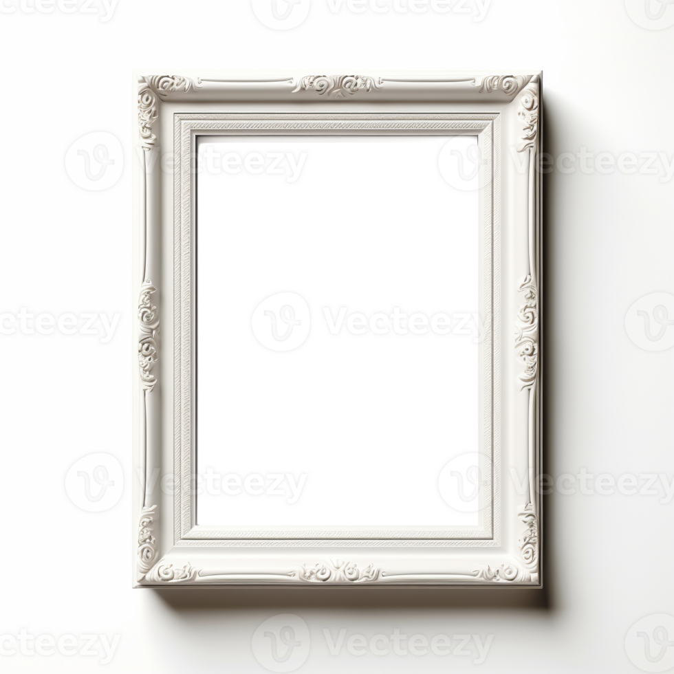 AI generated Empty transparent natural wooden photo frame on white wall background. Realistic border wooden rectangular picture frame for design, Image display concept png