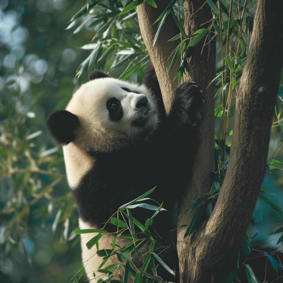 ai generado un panda sin esfuerzo asciende un bambú árbol, mostrando agilidad foto
