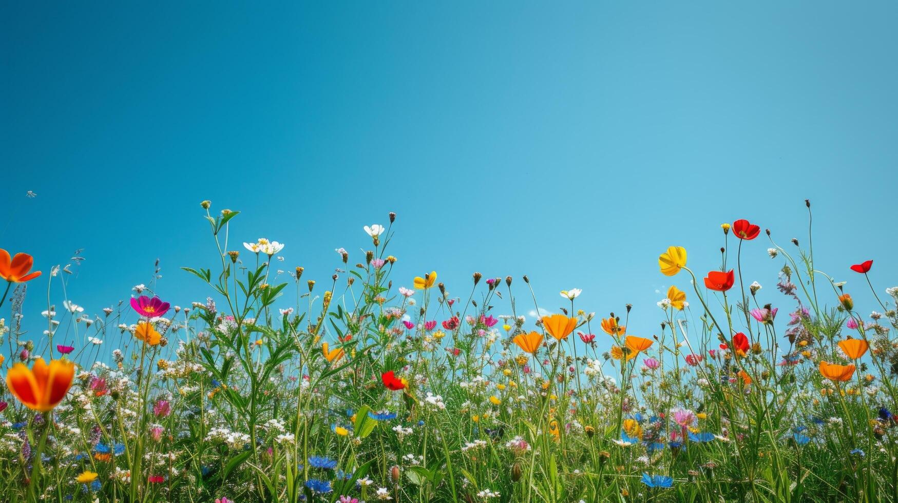 AI generated A vibrant meadow dotted with wildflowers against a clear blue sky celebrates the arrival of spring photo