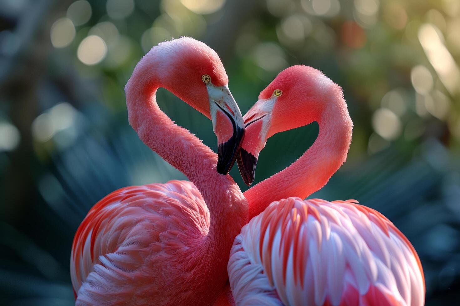 AI generated Two flamingos share a tender moment as they engage in a grooming ritual photo