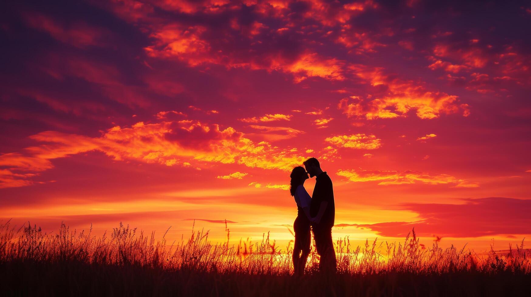 AI generated A couple's passionate kiss under a vibrant sunset, love igniting in the twilight photo