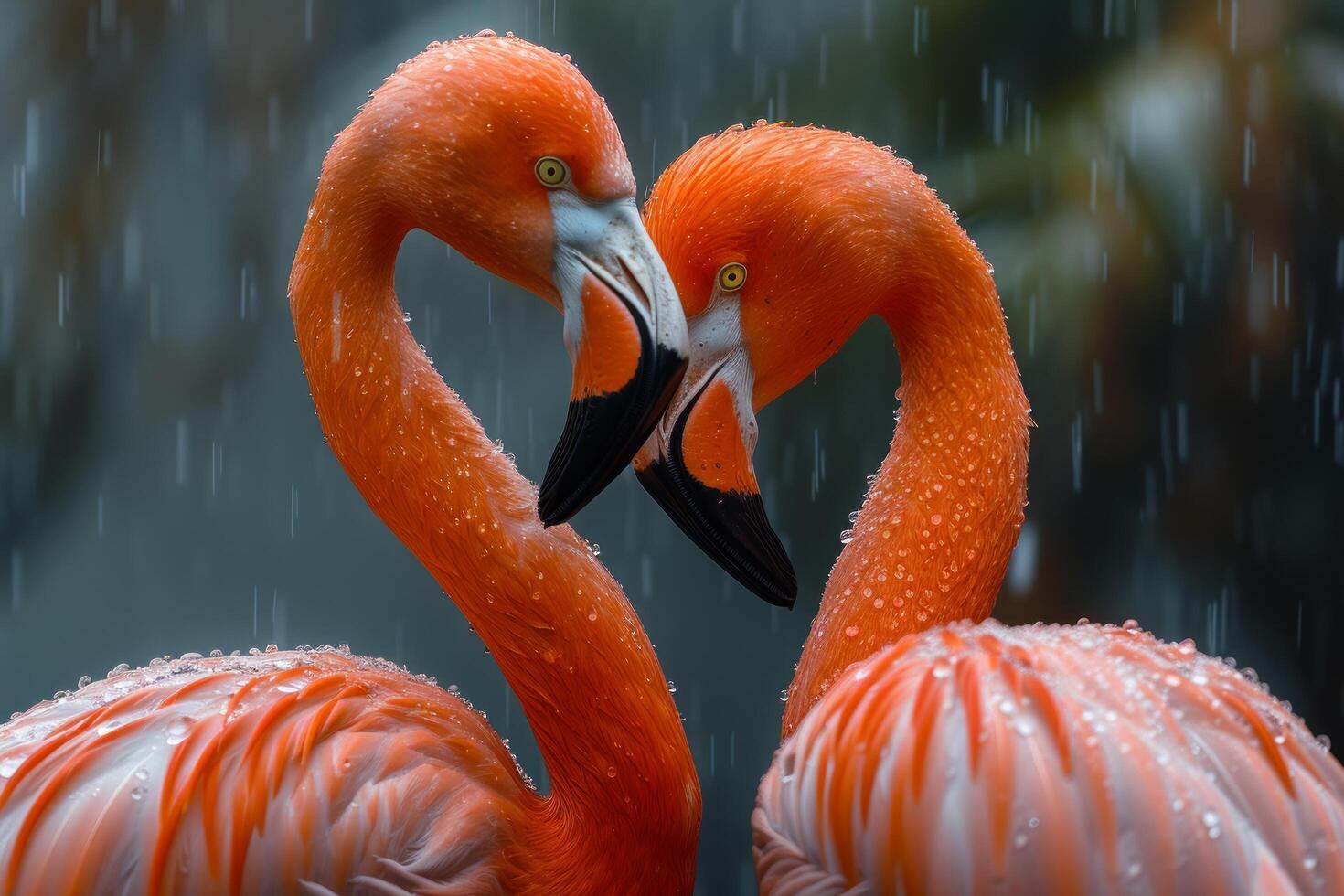 AI generated Two flamingos share a tender moment as they engage in a grooming ritual photo