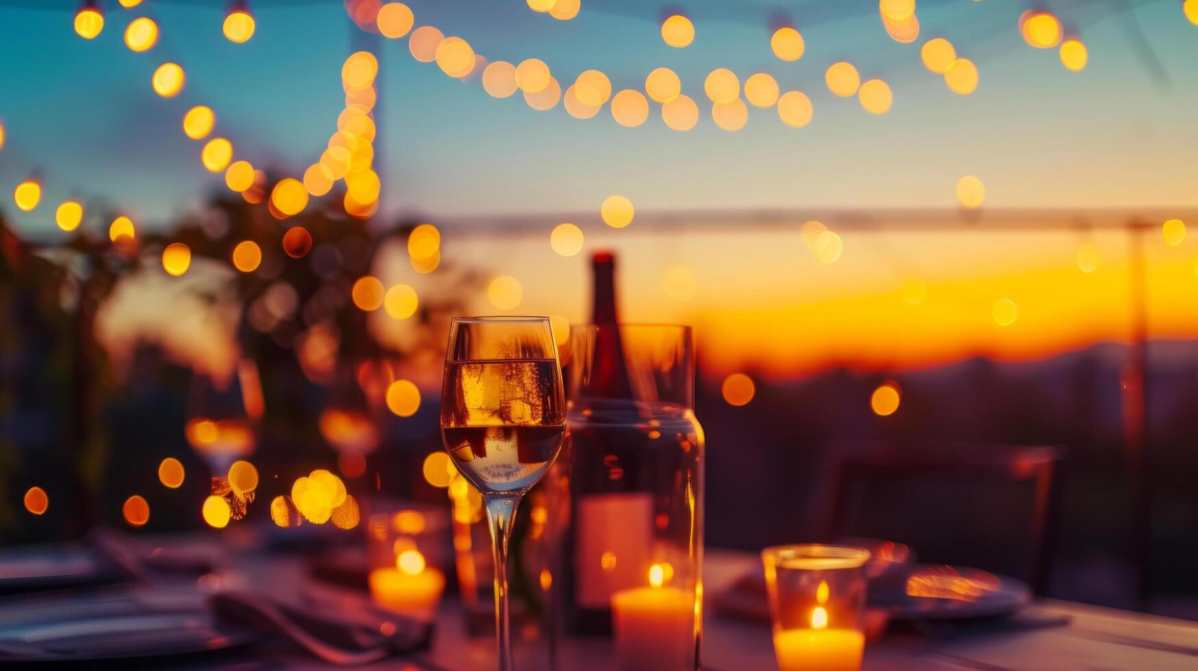 ai generado un maravilloso puesta de sol fondo para un al aire libre cumpleaños cena con cuerda luces foto