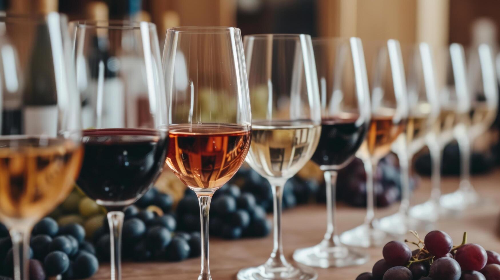 AI generated A wine-tasting event, showcasing a flight of wines with tasting notes and grape varieties photo
