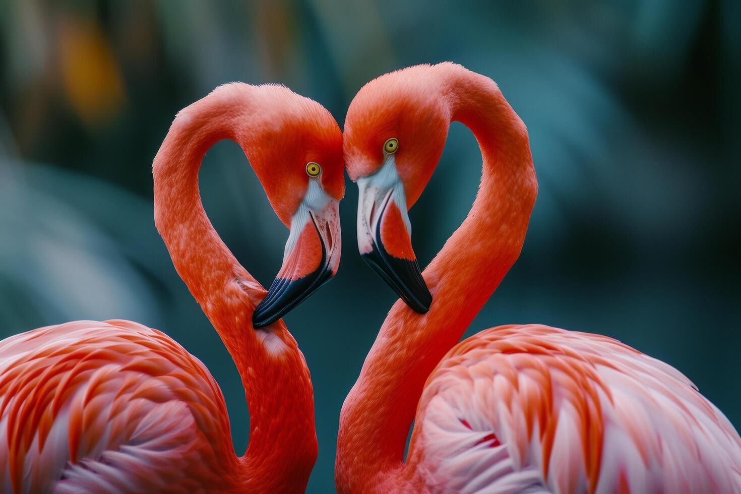 AI generated Two flamingos share a tender moment as they engage in a grooming ritual photo