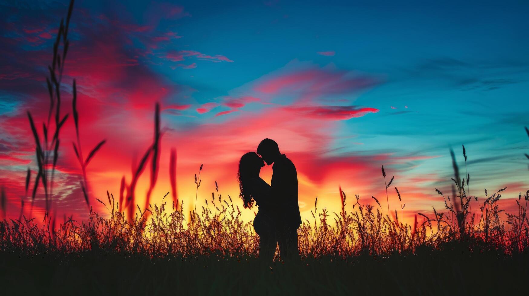 AI generated A couple's passionate kiss under a vibrant sunset, love igniting in the twilight photo