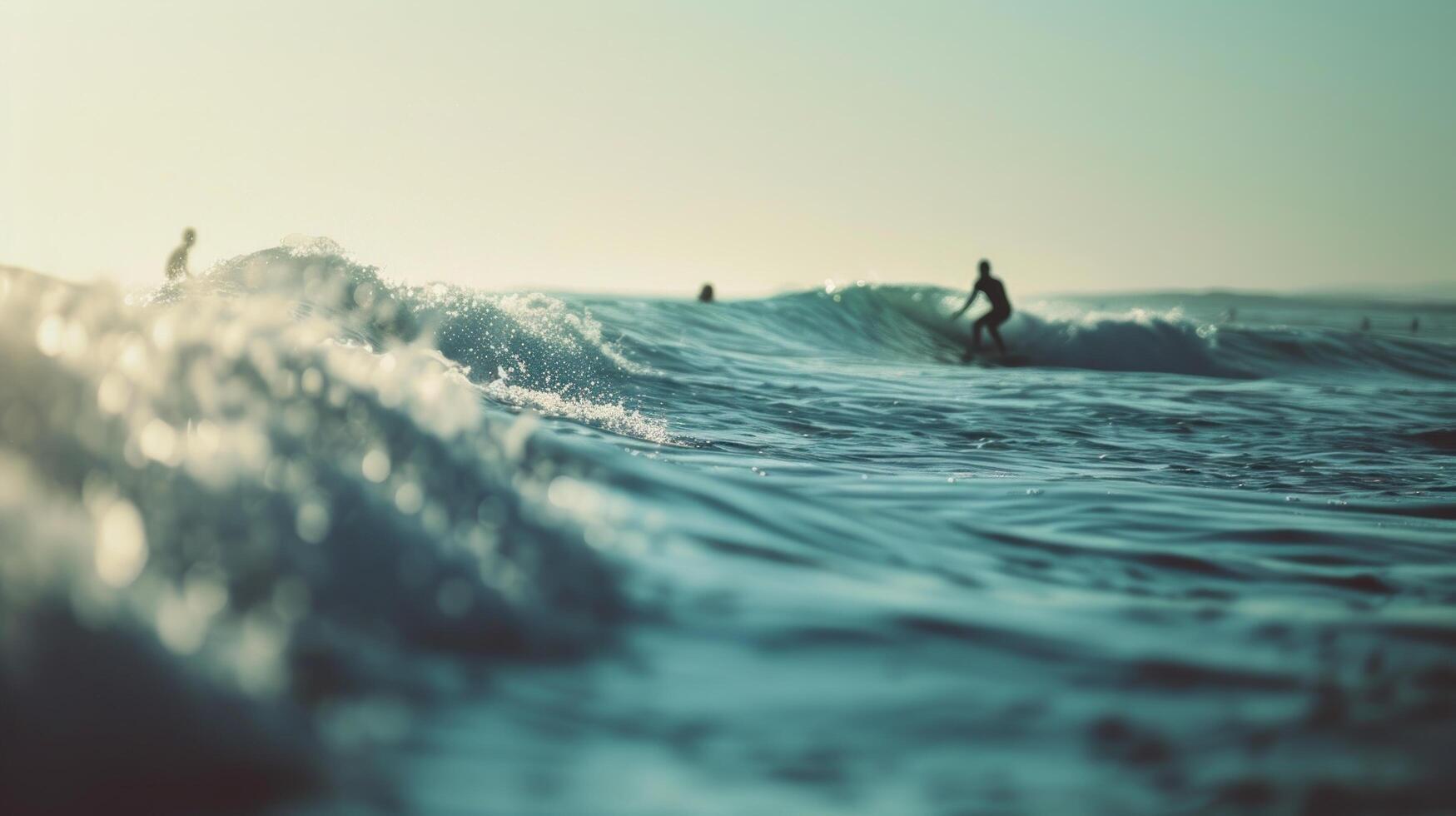 AI generated Thrill-seekers ride the waves, framed by a backdrop of endless ocean photo