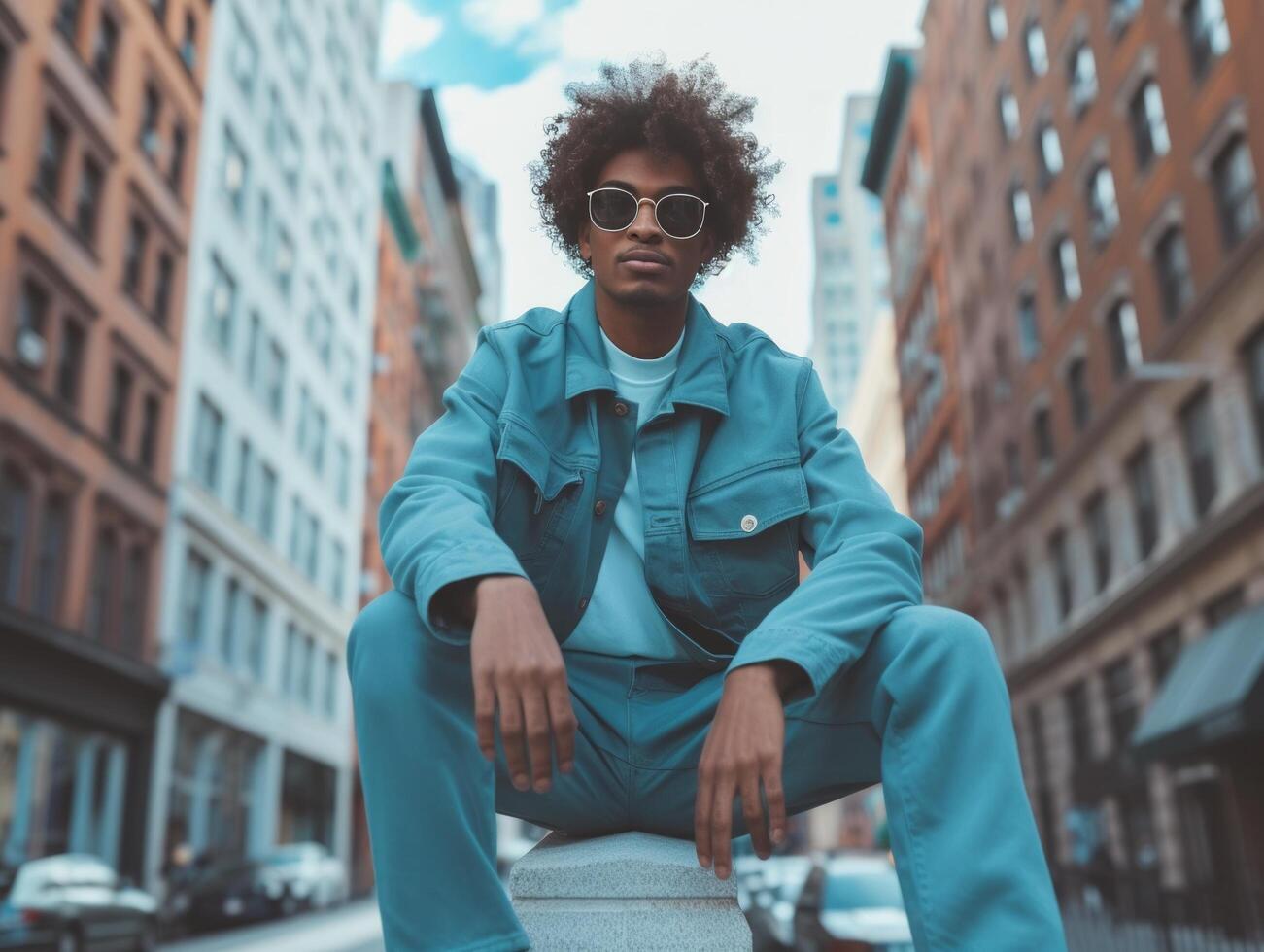 AI generated young urban man posing on a ledge in the city photo