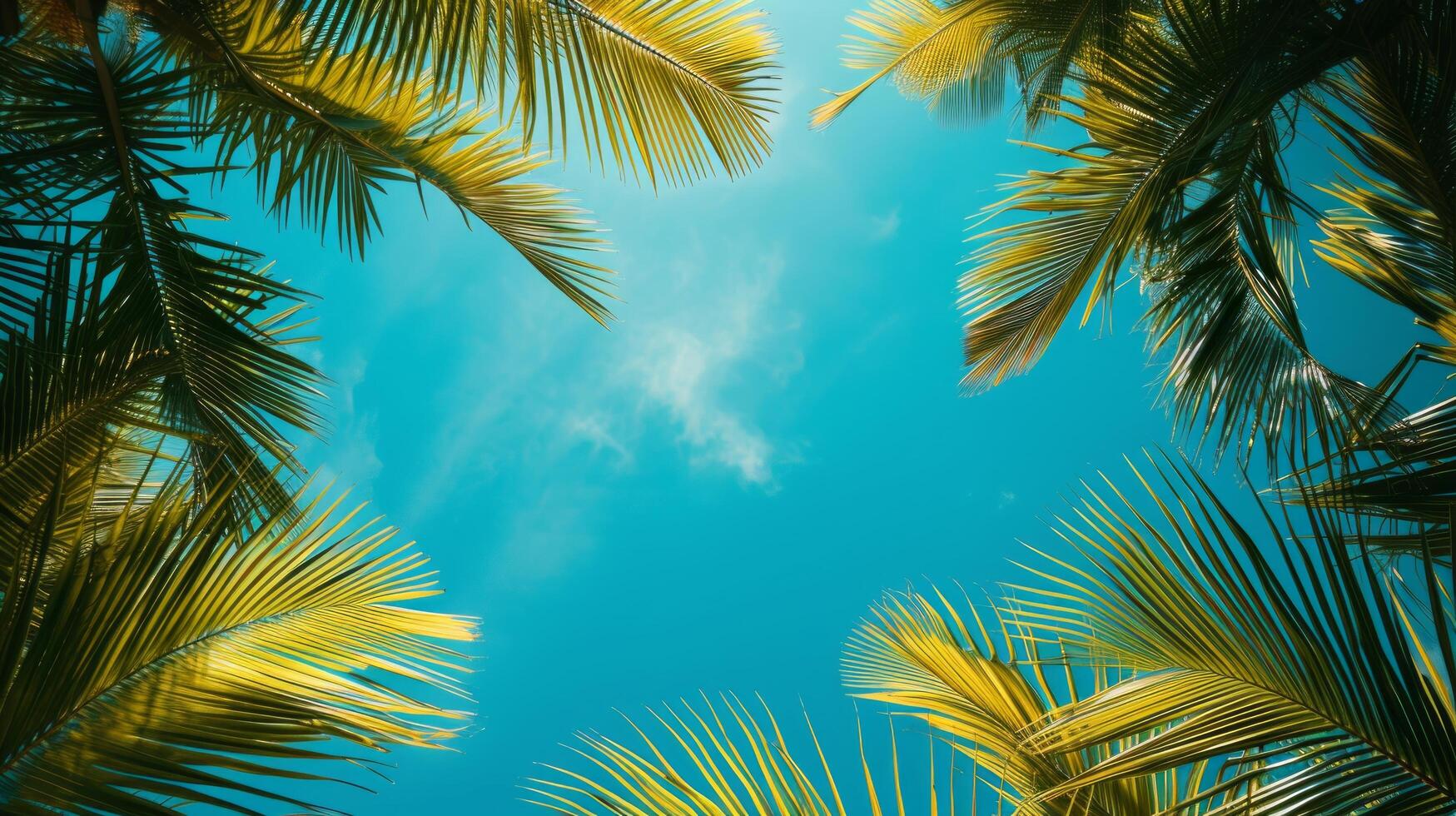 AI generated Lush palm leaves against a vivid turquoise sky transport you to an exotic island photo