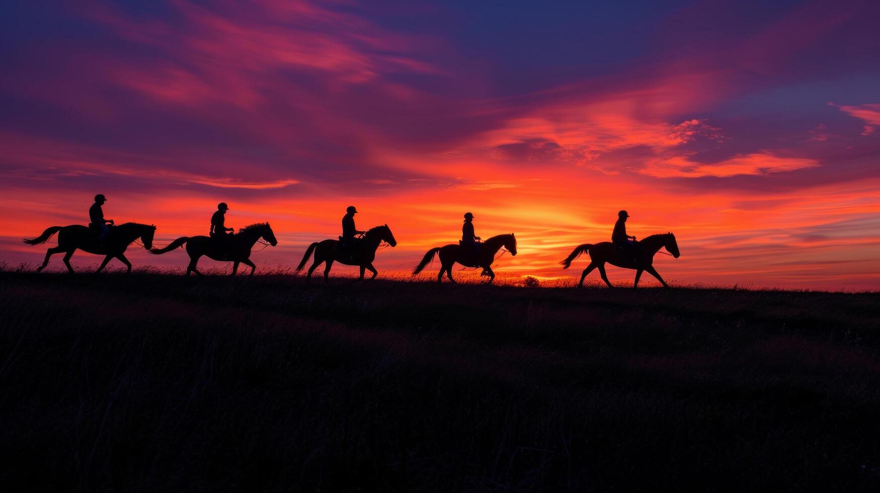 AI generated Horses silhouetted against a colorful, twilight sky embark on an evening ride photo