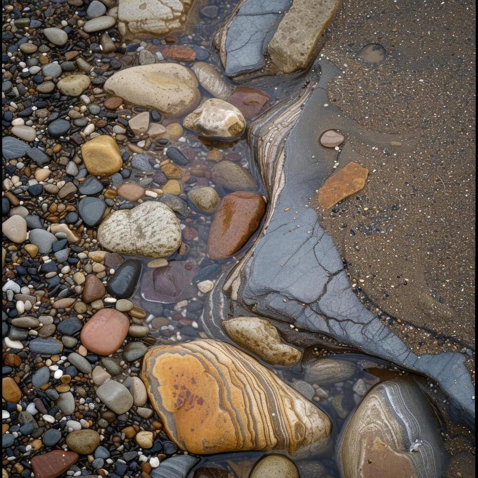 AI generated Rocks and pebbles are softly caressed by the ebbing and flowing tide photo