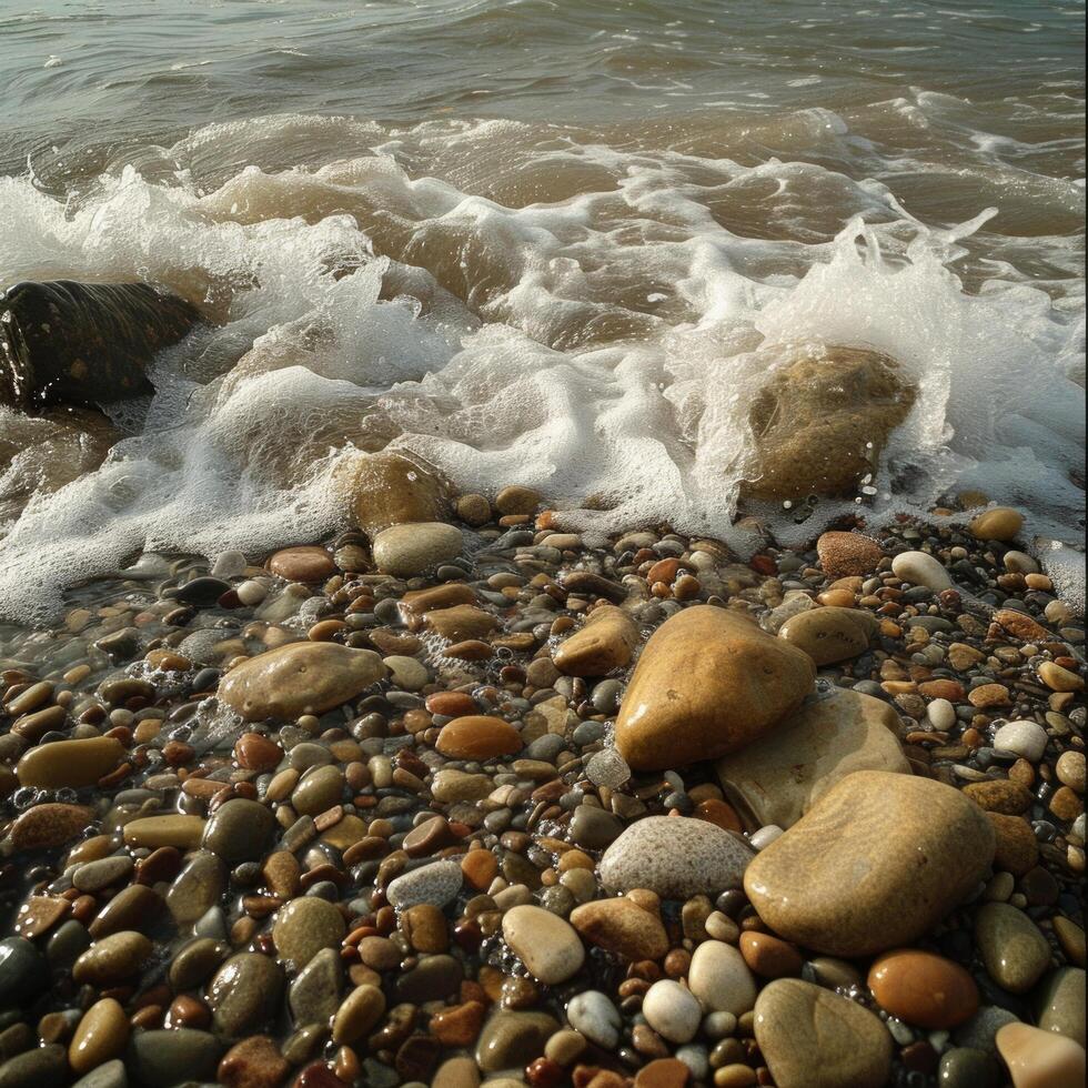 AI generated Rocks and pebbles are softly caressed by the ebbing and flowing tide photo