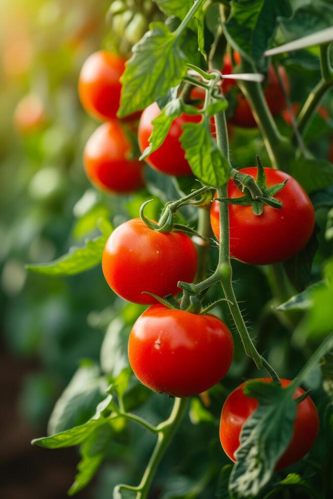 AI generated Vibrant red tomatoes hanging from lush, green vines, promising a delicious harvest photo