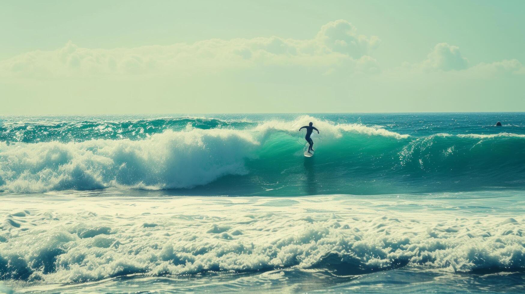 AI generated Thrill-seekers ride the waves, framed by a backdrop of endless ocean photo