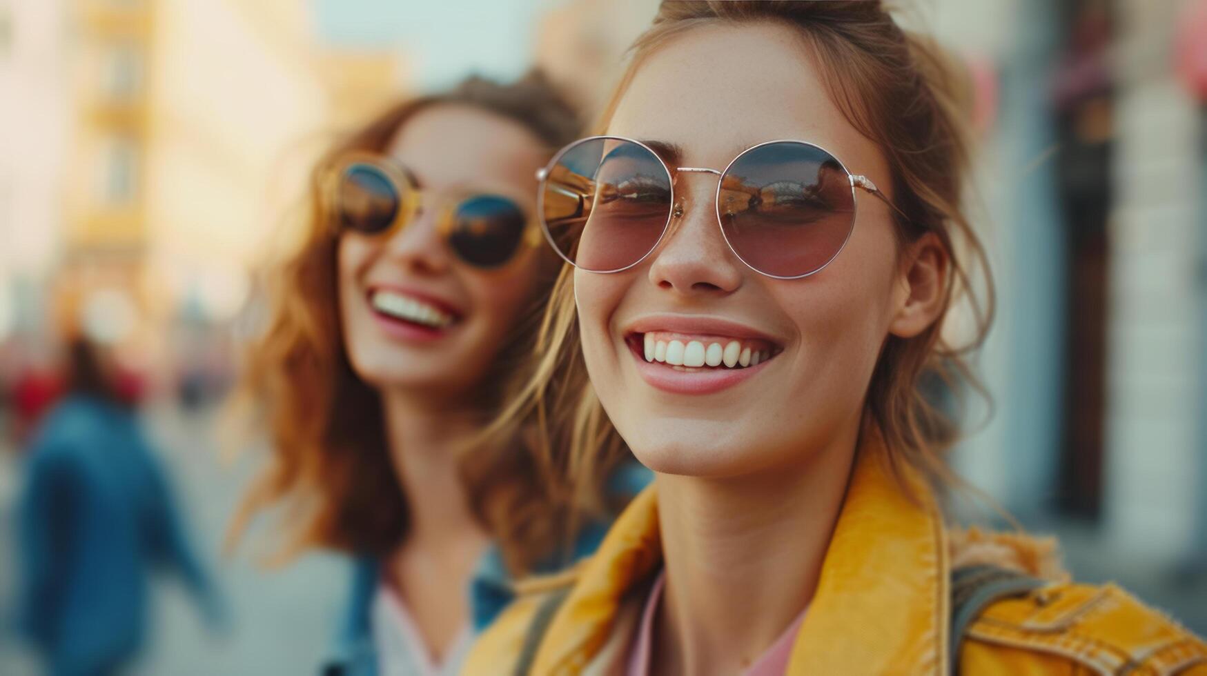 ai generado de moda muchachas gracia ciudad calles, su sonrisas agregando seducir a metropolitano ajustes foto