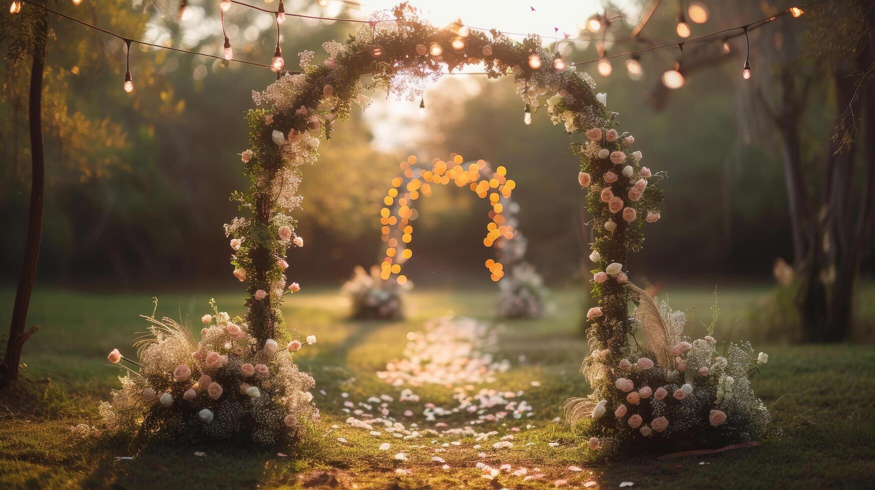 ai generado romántico Boda lugar de eventos con floral arcos y hada luces foto