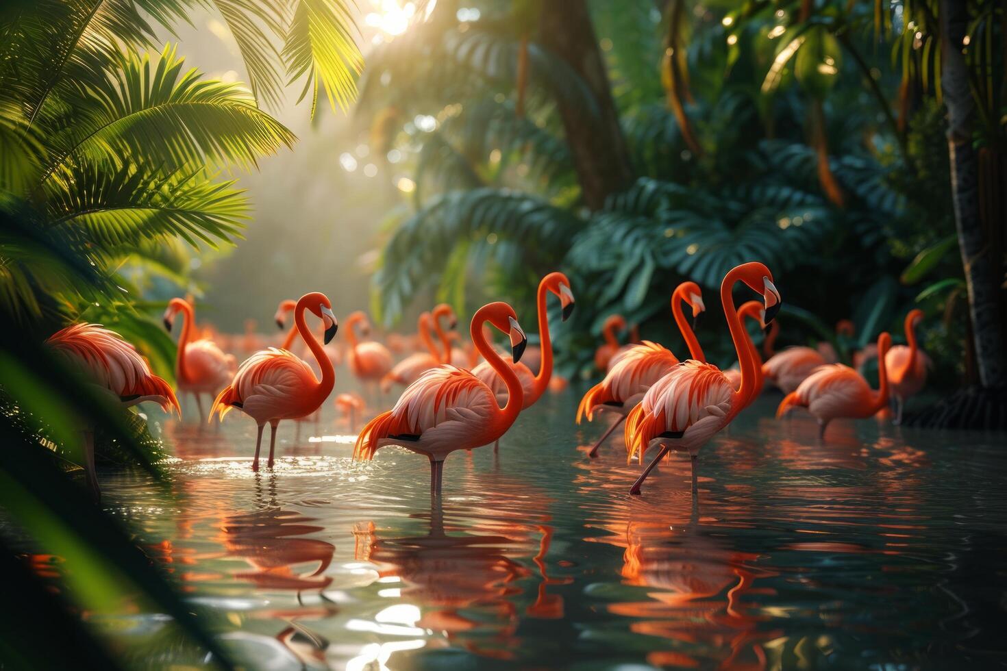 AI generated A group of flamingos congregates in a lush, tropical lagoon, a burst of pink against greenery photo