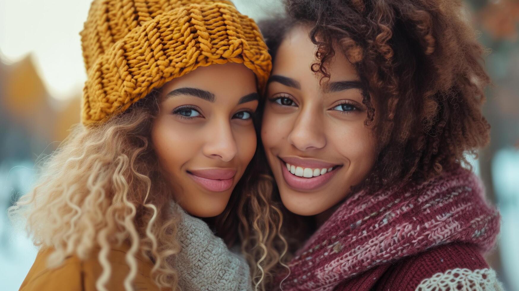 ai generado confidente ciudad muchachas vistiendo de moda trajes, mirando dentro el cámara con radiante sonrisas foto