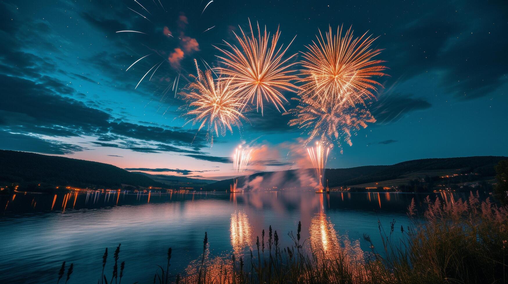 AI generated Vibrant Fireworks Over Lake on Fourth of July photo