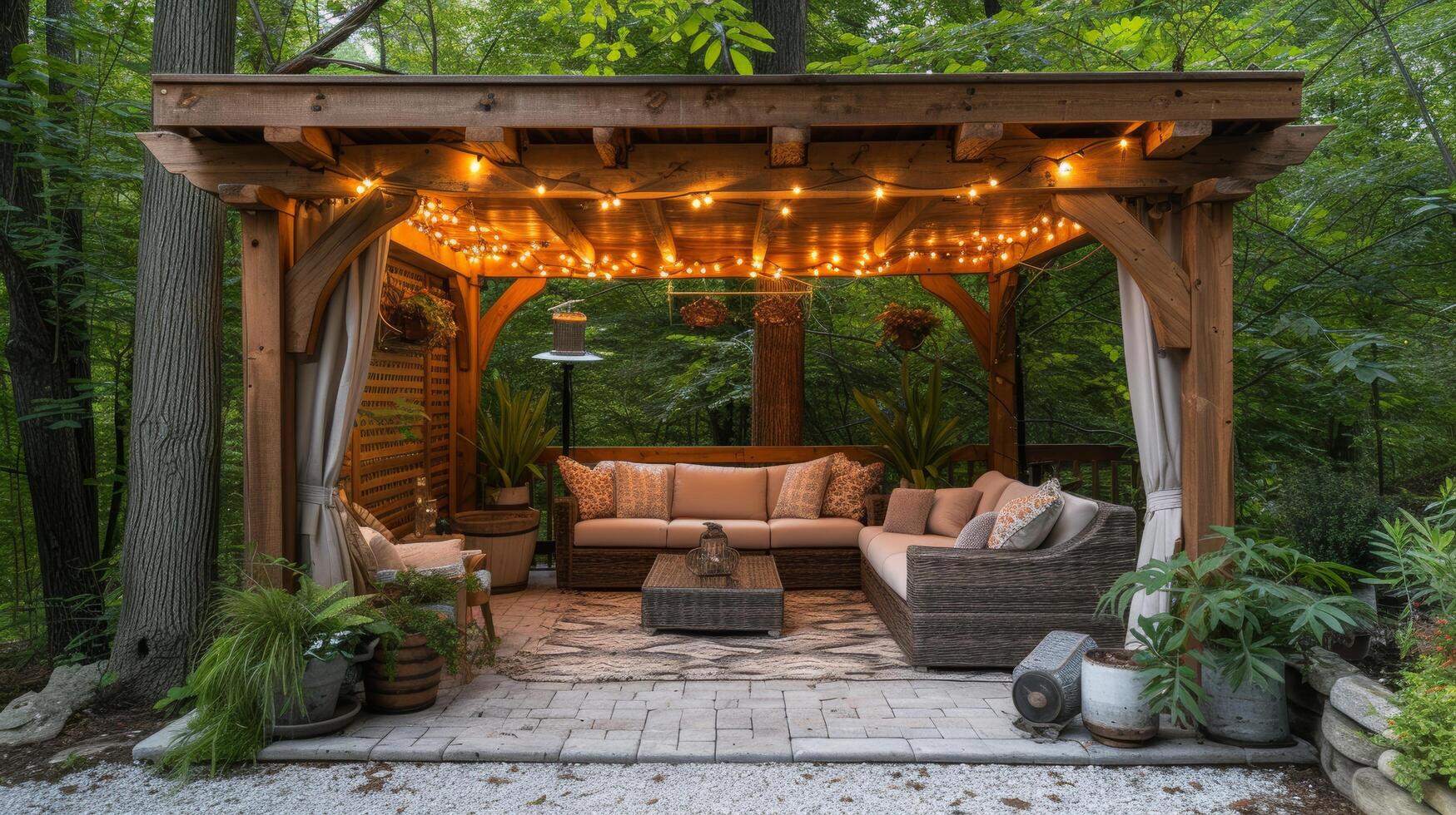 AI generated Cozy Outdoor Gazebo Lounge Area in Forest Setting photo
