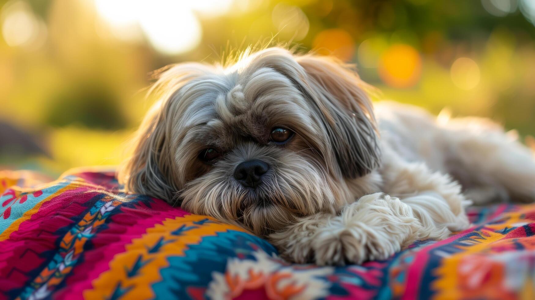 AI generated A Shih Tzu soaking up the sun while lounging on a colorful picnic blanket photo