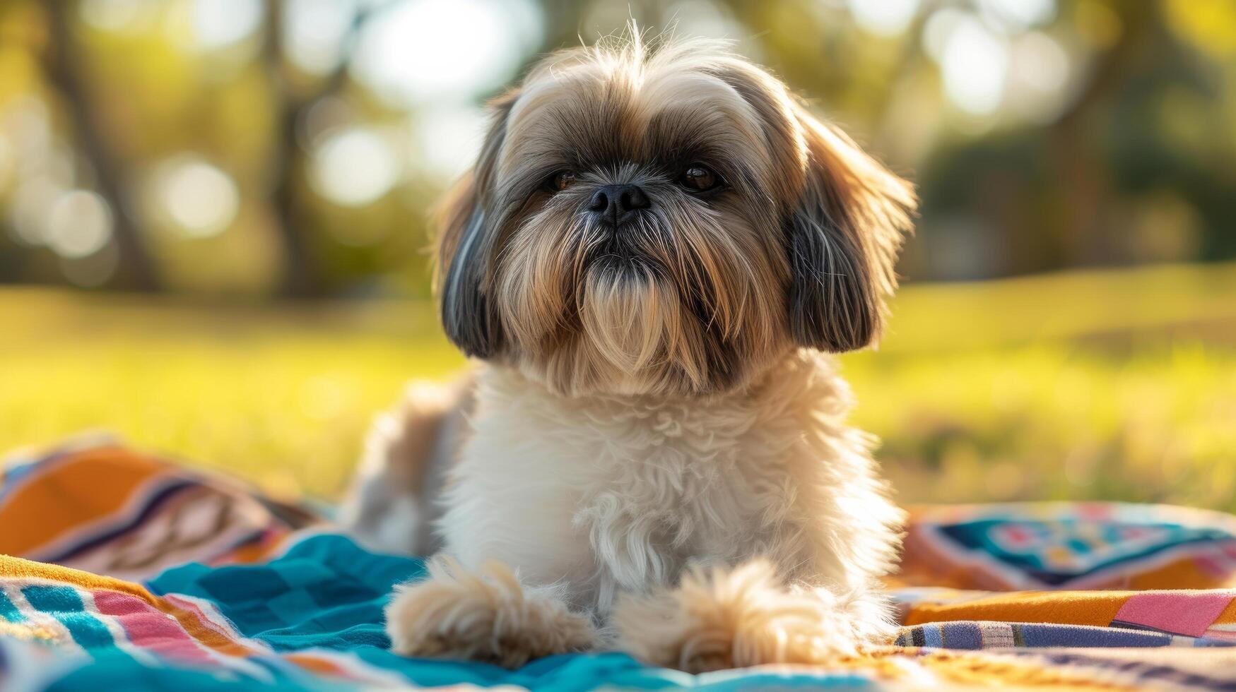 AI generated A Shih Tzu soaking up the sun while lounging on a colorful picnic blanket photo