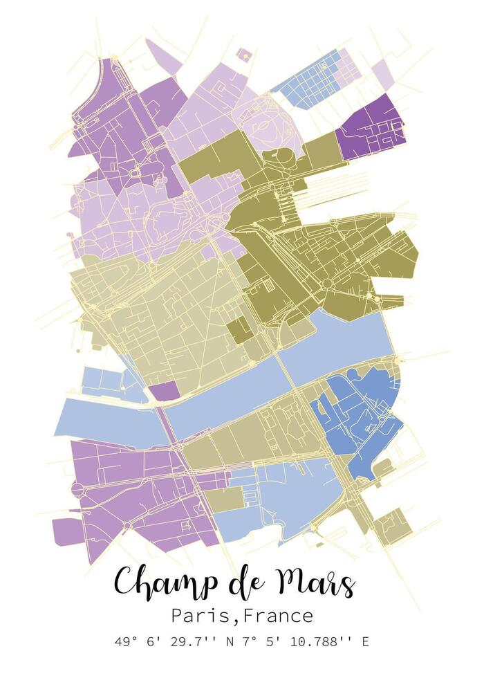 Street map of Champ de Mars, Paris France ,vector image for digital product ,wall art and poster prints. vector