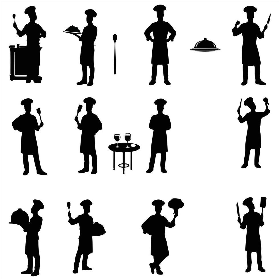 Printchef silhouette , chef poses silhouette , chef standing silhouette , cooking silhouette , food silhouette , chef character silhouette , kitchen silhouette vector