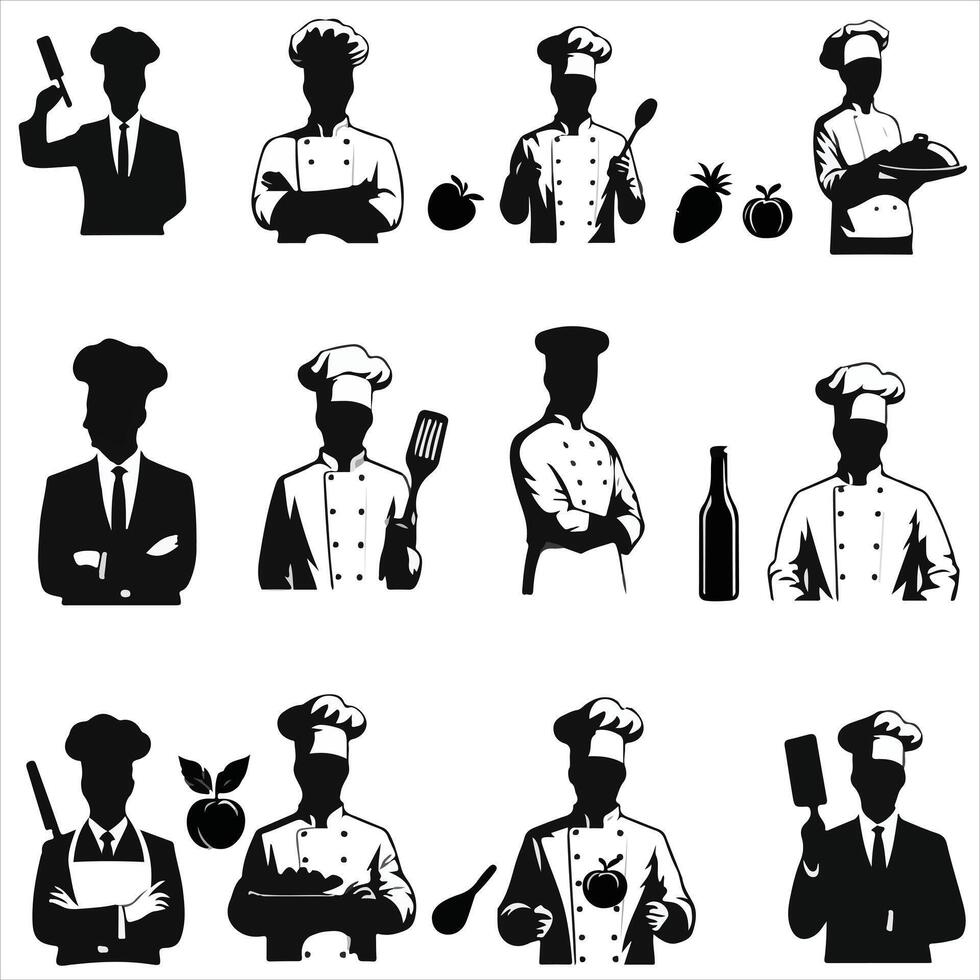 Printchef silhouette , chef poses silhouette , chef standing silhouette , cooking silhouette , food silhouette , chef character silhouette , kitchen silhouette vector