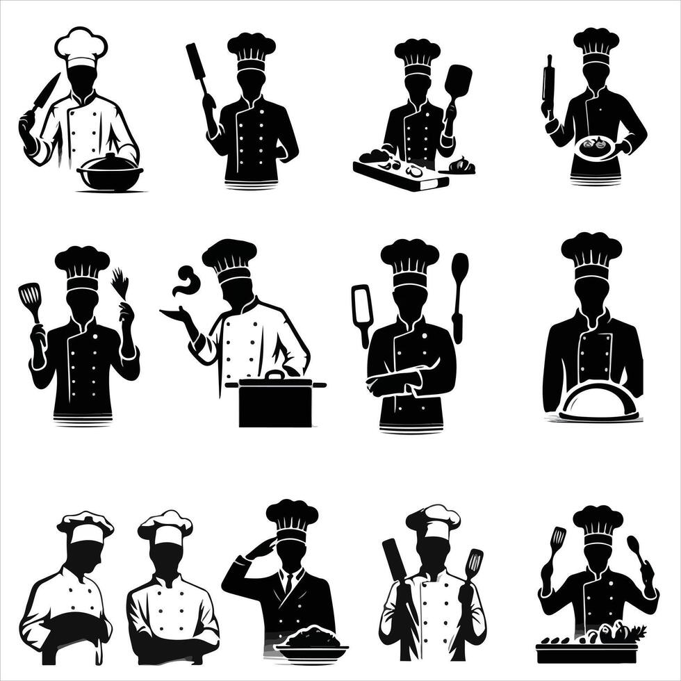 Printchef silhouette , chef poses silhouette , chef standing silhouette , cooking silhouette , food silhouette , chef character silhouette , kitchen silhouette vector