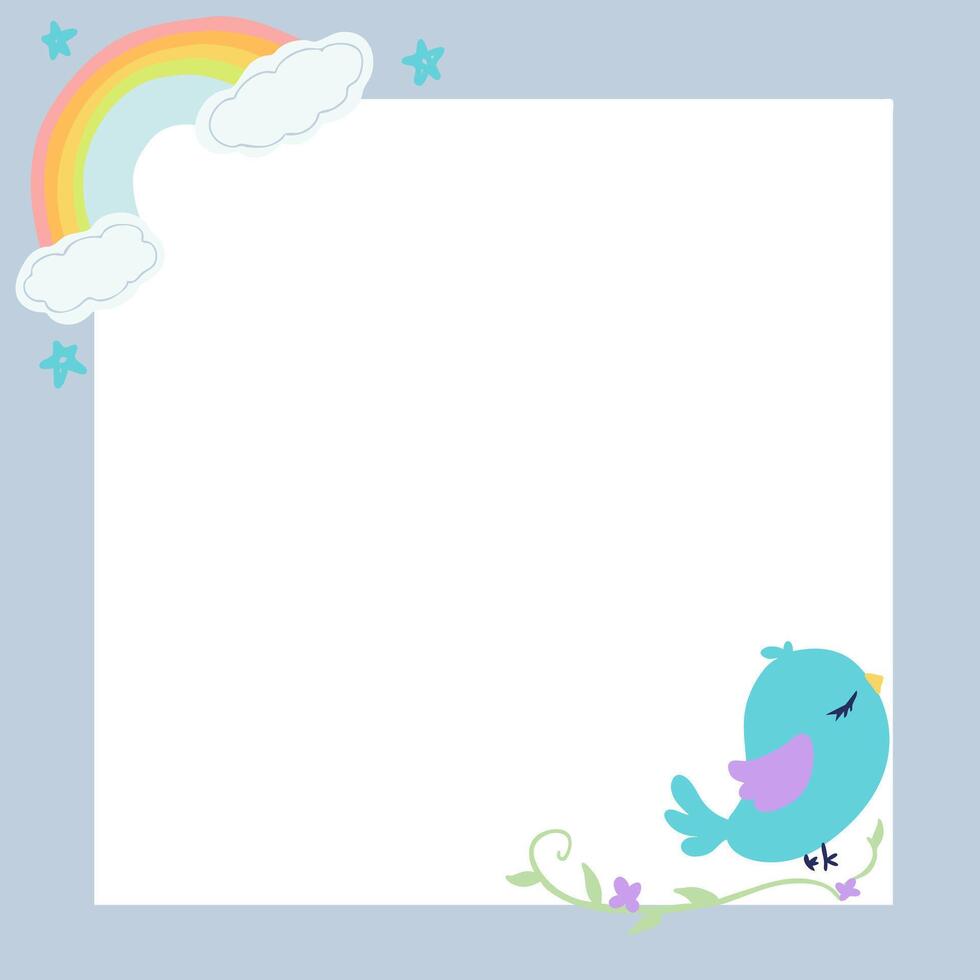 vistoso niños cuadrado bandera texto caja con arcoíris, nubes, y linda pájaro gráfico vector ilustración creativo diseño