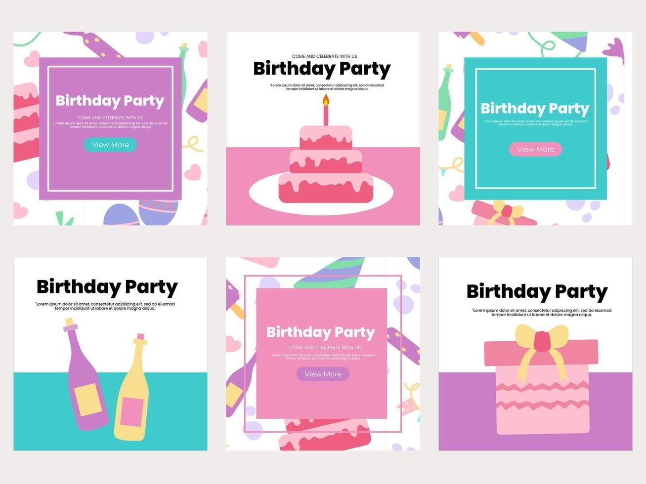 Birthday party social media banners template. Social media post with hand drawn element vector illustration