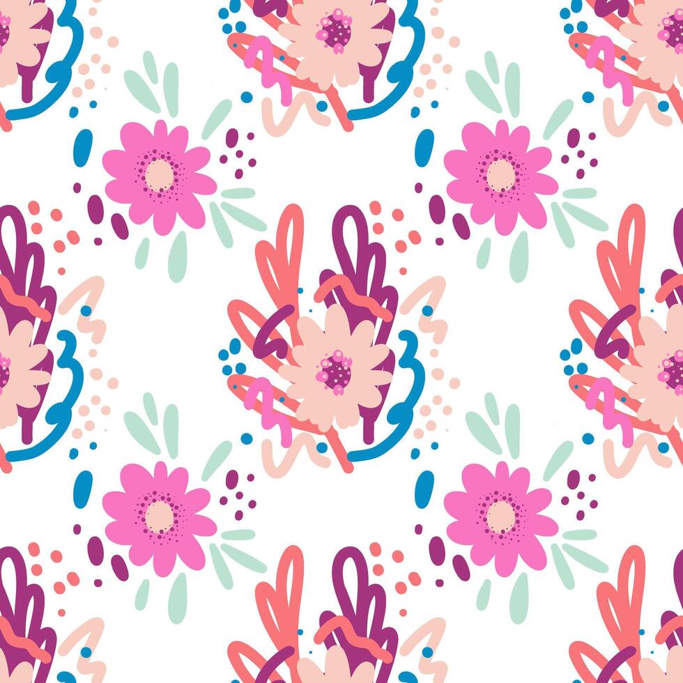Seamless pattern with colorful flowers isolated on white background.Children style floral doodle background, funny basic nature shapes wallpaper. vector