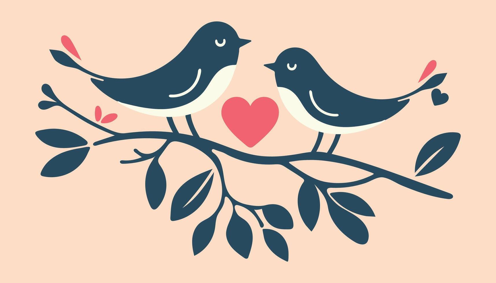 two pair cute vibrant love bird parrot couple perched on a branch of a tree heart shape on middle surrounded by flower valantines day concept theme wall art decoration greeting card symbol banner text vector