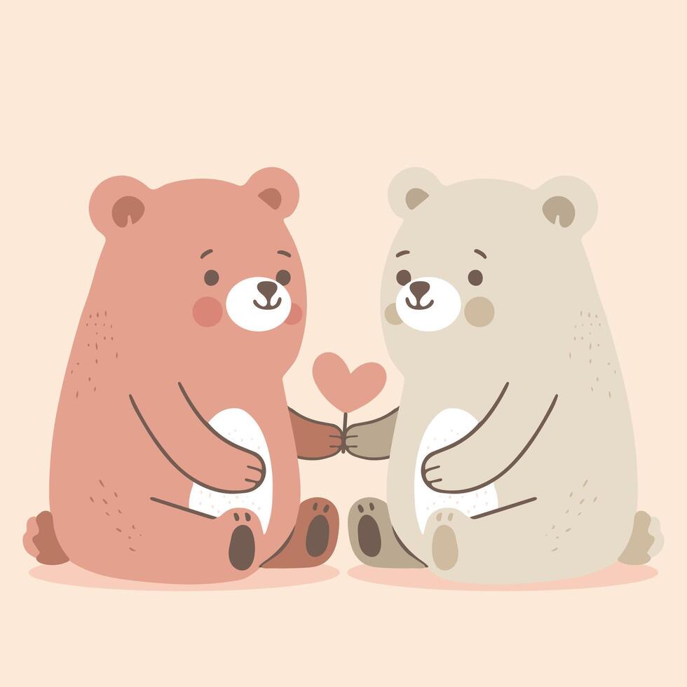 linda adorable dibujos animados plano vector estilo animal personaje bebé osito de peluche oso muñeca Pareja dando regalo rojo corazón forma amor en medio, contento enamorado día ilustración, saludo tarjeta Días festivos cumpleaños fiesta