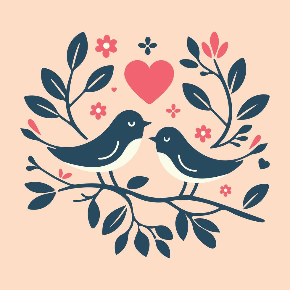 dos par linda vistoso vibrante amor pájaro loro Pareja encaramado en un rama de un árbol corazón forma en medio rodeado por flor Valantinas día concepto tema pared Arte decoración saludo tarjeta símbolo vector