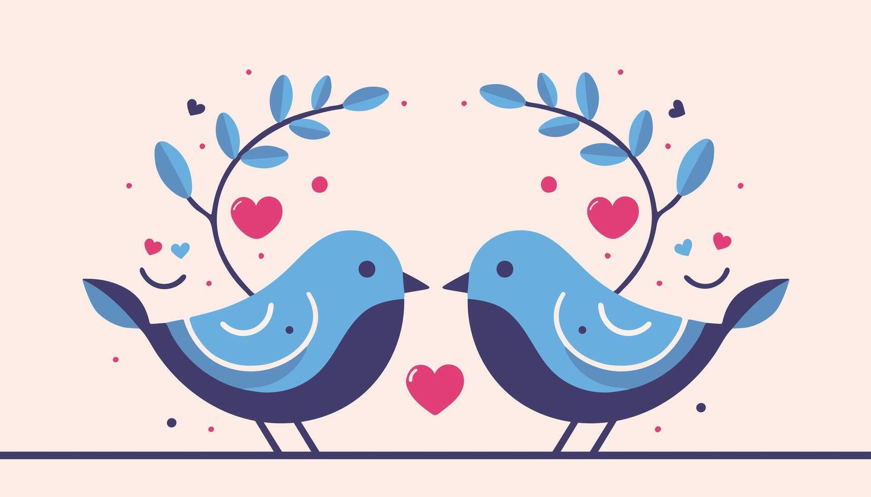 dos par linda vibrante amor pájaro loro Pareja encaramado en un rama de un árbol corazón forma en medio rodeado por flor Valantinas día concepto tema pared Arte decoración saludo tarjeta símbolo bandera texto vector