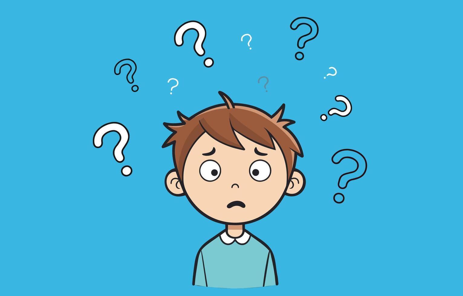 young little confused stressed boy thinking cartoon character flat vector question mark above his head blue background sad face expression study math problem solving, struggle decision making kid idea