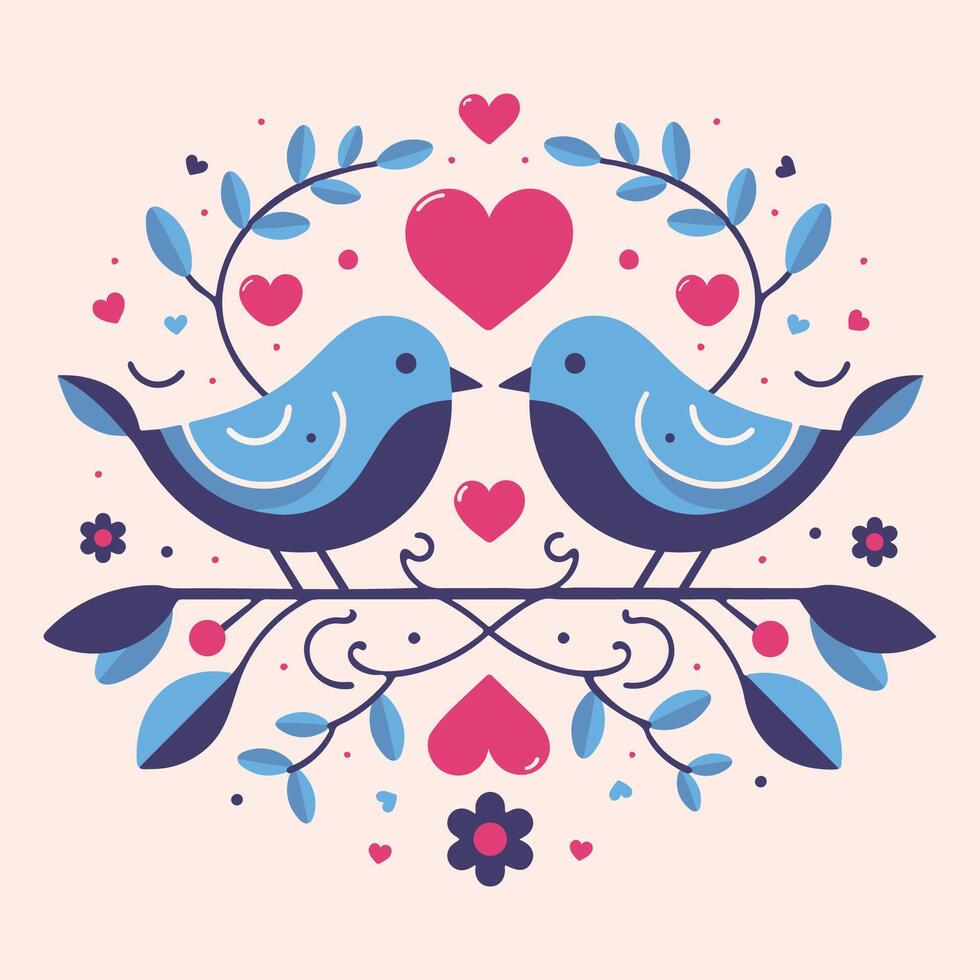 dos par linda vistoso vibrante amor pájaro loro Pareja encaramado en un rama de un árbol corazón forma en medio rodeado por flor Valantinas día concepto tema pared Arte decoración saludo tarjeta símbolo vector