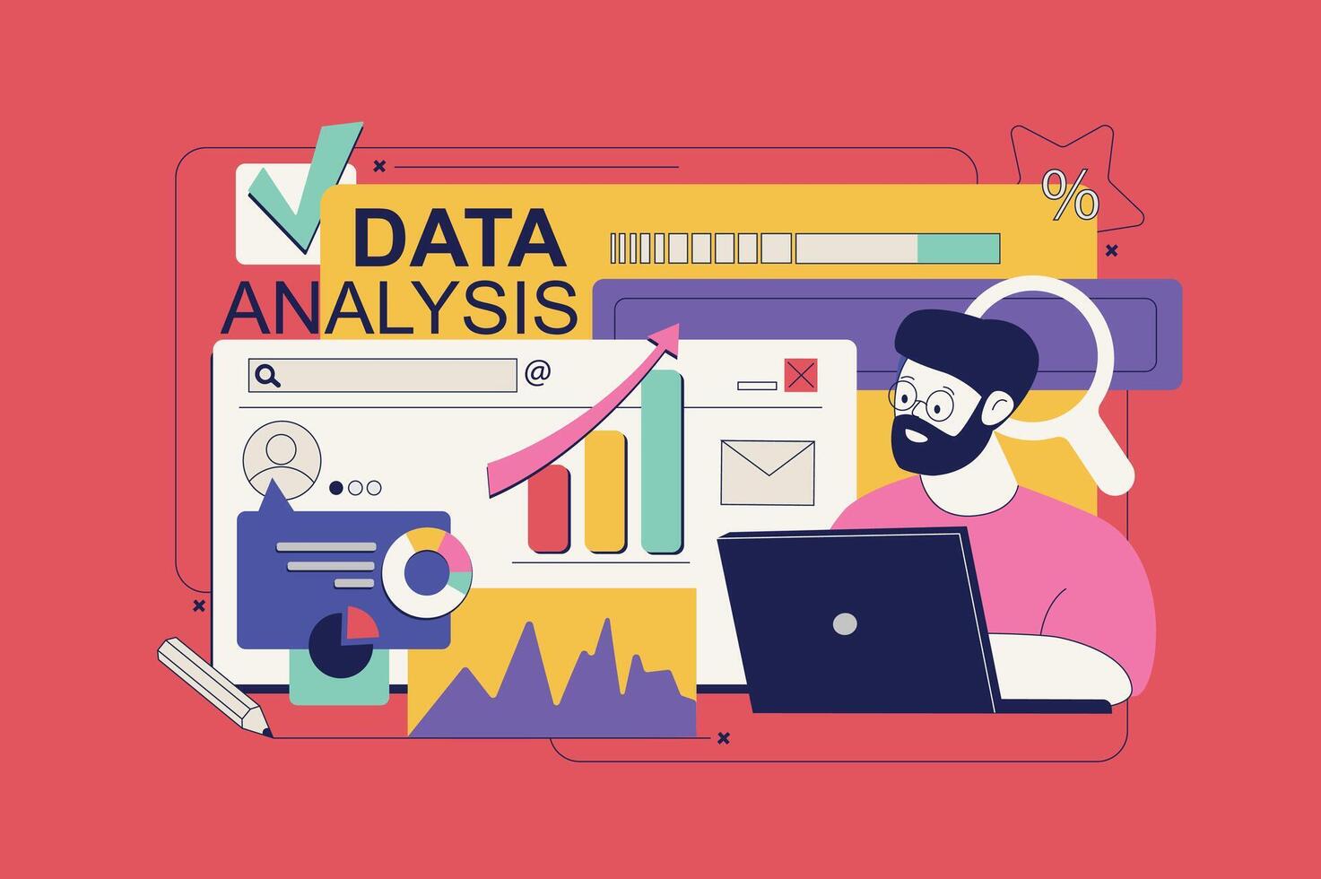 Data analysis concept in flat neo brutalism design for web. Man researching statistic diagrams or charts, searching information online. Vector illustration for social media banner, marketing material.